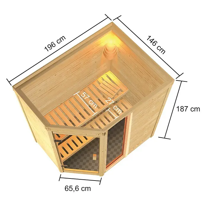 Karibu Massivholzsauna Jada - Mit 9 kW Bio-Ofen mit externer Steuerung, Ohne Dachkranz, Material Tür: Ganzglas Bronze, 146 x 196 x 187 cm - Ansicht von oben