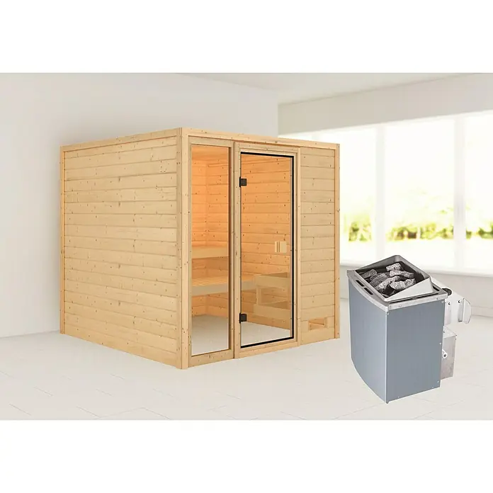Karibu Massivholzsauna Jutta - Mit 9 kW Saunaofen mit integrierter Steuerung, Ohne Dachkranz, Material Tür: Ganzglas Bronze, 196 x 196 x 187 cm - Stimmungsaufnahme
