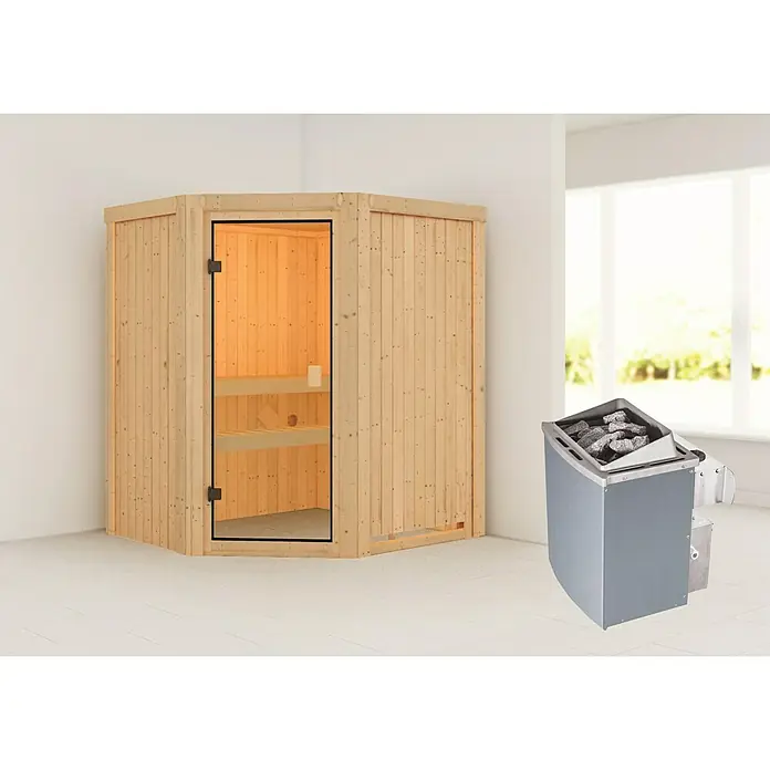 Karibu Elementsauna Faurin - Mit 4,5 kW Saunaofen mit integrierter Steuerung, Ohne Dachkranz, Material Tür: Ganzglas Bronze, 151 x 170 x 198 cm - Stimmungsaufnahme