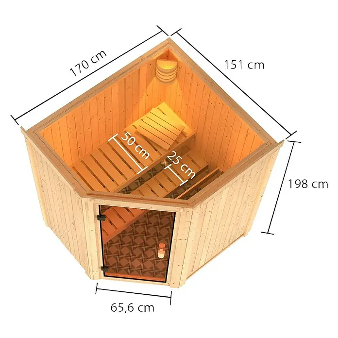 Karibu Elementsauna Faurin - Mit 4,5 kW Saunaofen mit integrierter Steuerung, Ohne Dachkranz, Material Tür: Ganzglas Bronze, 151 x 170 x 198 cm - Ansicht von oben