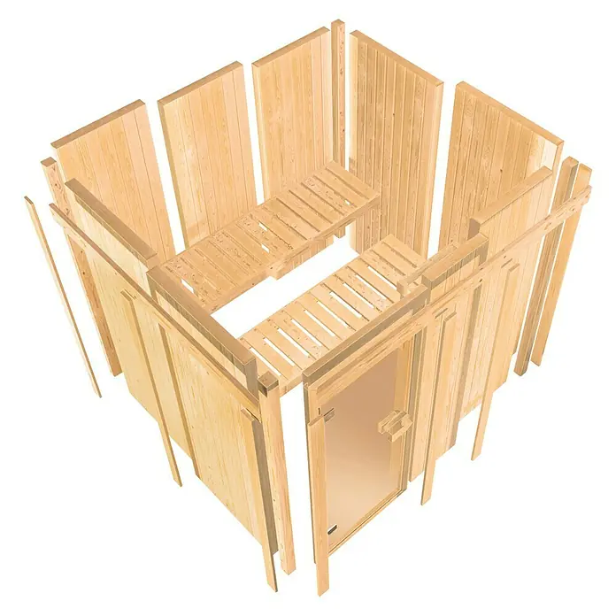 Karibu Elementsauna Faurin - Mit 4,5 kW Saunaofen mit integrierter Steuerung, Ohne Dachkranz, Material Tür: Ganzglas Bronze, 151 x 170 x 198 cm - Ansicht von oben
