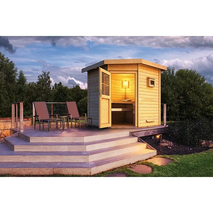 Karibu Saunahaus Pirva - Mit 9 kW Bio-Ofen mit externer Steuerung, 196 x 196 x 226 cm, Natur - Stimmungsaufnahme