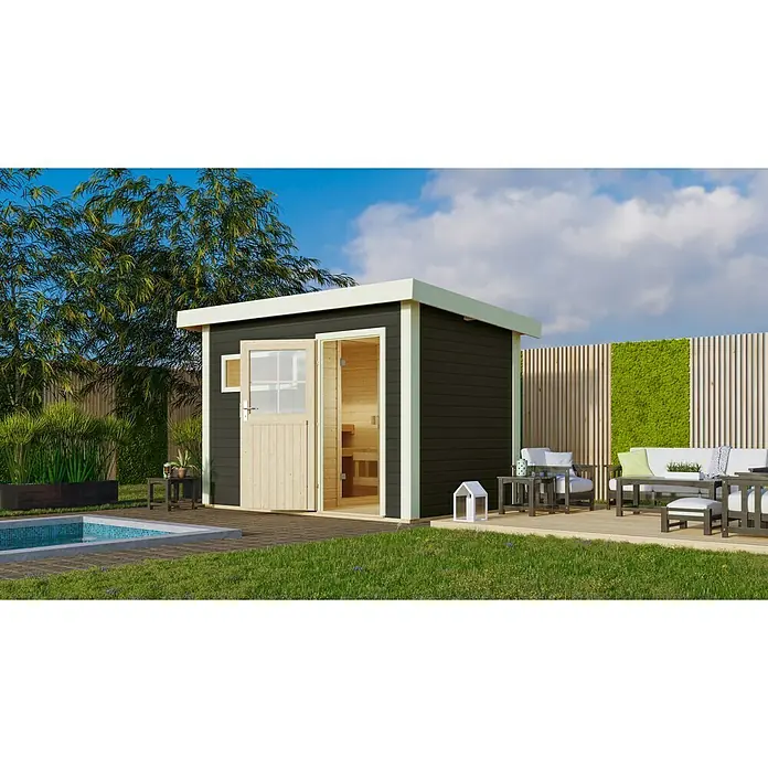 Karibu Saunahaus Suva 1 - Mit 9 kW Bio-Ofen mit externer Steuerung, 196 x 337 x 228 cm, Terragrau - Stimmungsaufnahme