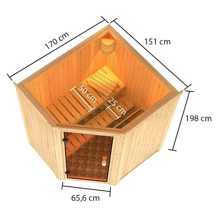 Karibu Elementsauna Faurin - Mit 4,5 kW Bio-Ofen mit externer Steuerung, Ohne Dachkranz, Material Tür: Ganzglas Bronze, 151 x 170 x 198 cm - Ansicht von oben