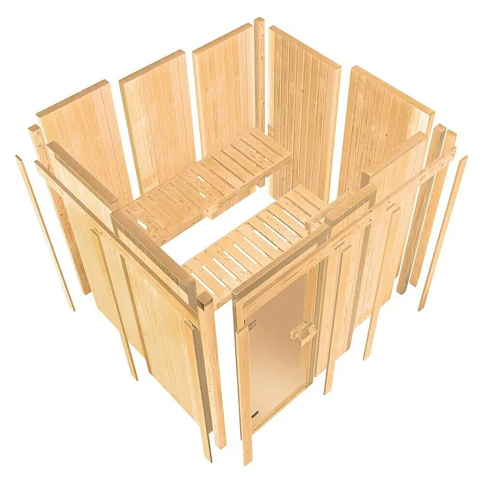 Karibu Elementsauna Faurin - Mit 4,5 kW Bio-Ofen mit externer Steuerung, Ohne Dachkranz, Material Tür: Ganzglas Bronze, 151 x 170 x 198 cm - Ansicht von oben