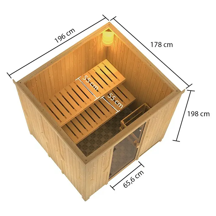 Karibu Elementsauna Tromsoe - Mit 4,5 kW Saunaofen mit externer Steuerung, Ohne Dachkranz, Material Tür: Ganzglas Bronze, 178 x 196 x 198 cm - Ansicht von oben