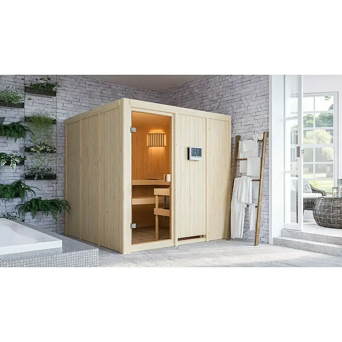 Karibu Elementsauna Oulu - Mit 9 kW Saunaofen mit externer Steuerung, Ohne Dachkranz, Material Tür: Ganzglas Bronze, 196 x 196 x 198 cm - Stimmungsaufnahme