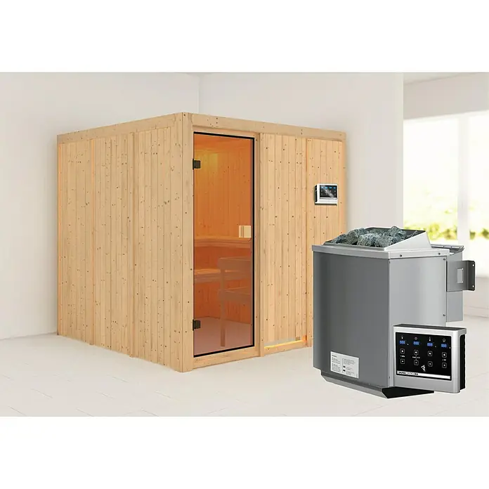 Karibu Elementsauna Oulu - Mit 9 kW Bio-Ofen mit externer Steuerung, Ohne Dachkranz, Material Tür: Ganzglas Bronze, 196 x 196 x 198 cm - Stimmungsaufnahme