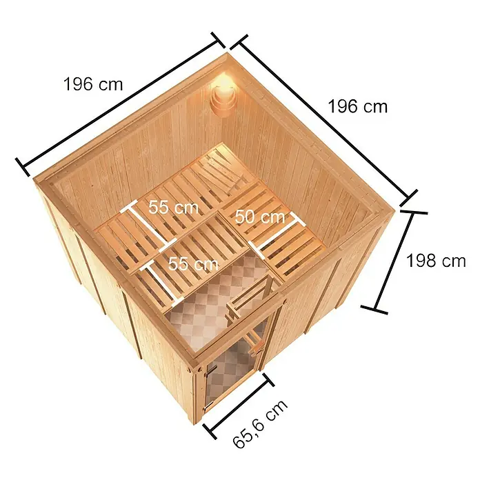 Karibu Elementsauna Oulu - Mit 9 kW Bio-Ofen mit externer Steuerung, Ohne Dachkranz, Material Tür: Ganzglas Bronze, 196 x 196 x 198 cm - Ansicht von oben