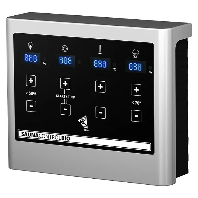 Karibu Saunahaus Jana - Mit 9 kW Bio-Ofen mit externer Steuerung, 146 x 196 x 228 cm, Terragrau - Vorderansicht