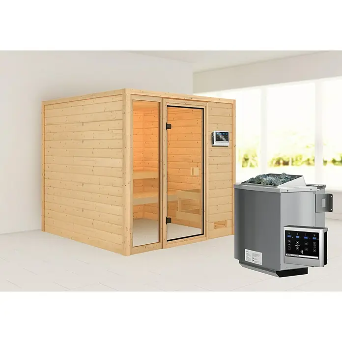 Karibu Massivholzsauna Jutta - Mit 9 kW Bio-Ofen mit externer Steuerung, Ohne Dachkranz, Material Tür: Ganzglas Bronze, 196 x 196 x 187 cm - Stimmungsaufnahme