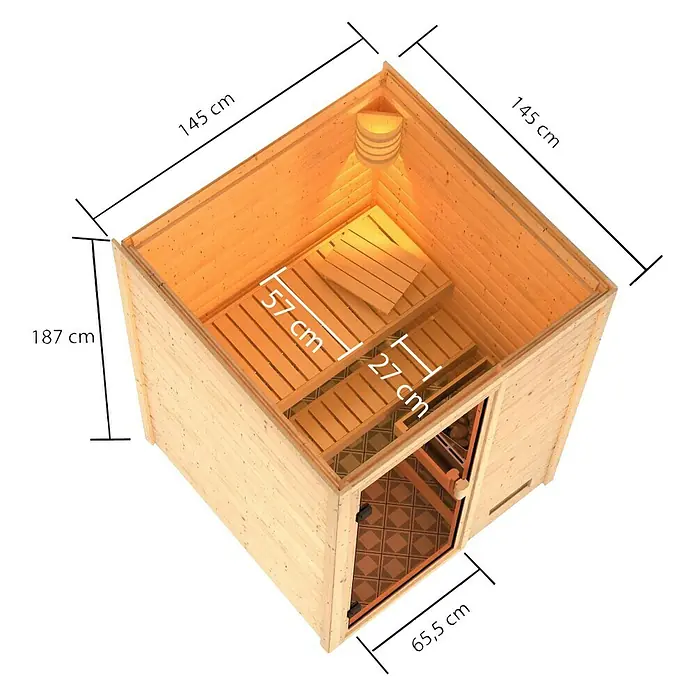 Karibu Massivholzsauna Sandra - Mit 3,6 kW Bio-Ofen mit externer Steuerung, Ohne Dachkranz, Material Tür: Ganzglas Bronze, 145 x 145 x 187 cm - Ansicht von oben