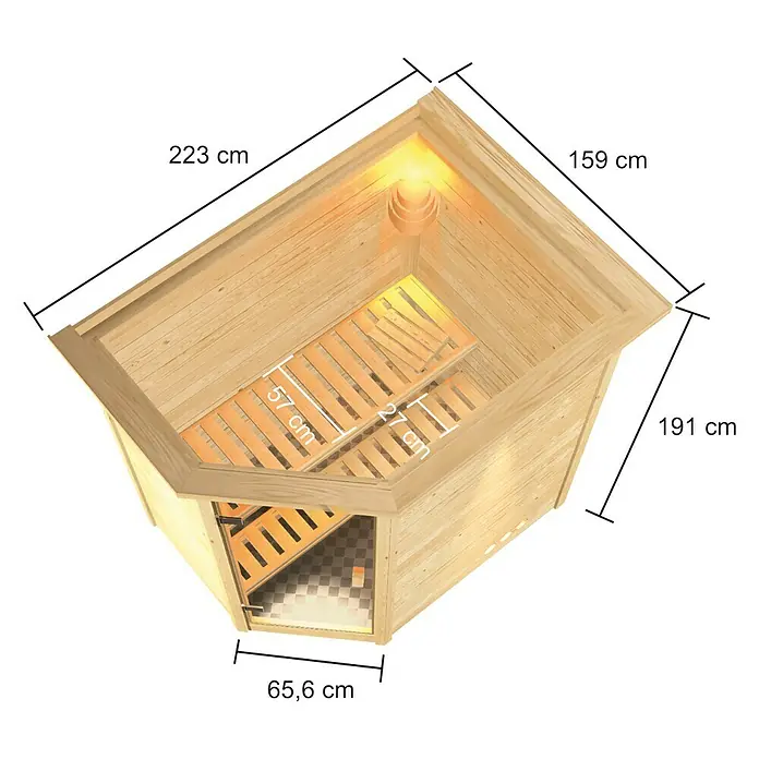 Karibu Massivholzsauna Jella - Mit 4,5 kW Saunaofen mit integrierter Steuerung, Mit Dachkranz und Beleuchtung, Material Tür: Ganzglas Bronze, 159 x 223 x 191 cm - Ansicht von oben