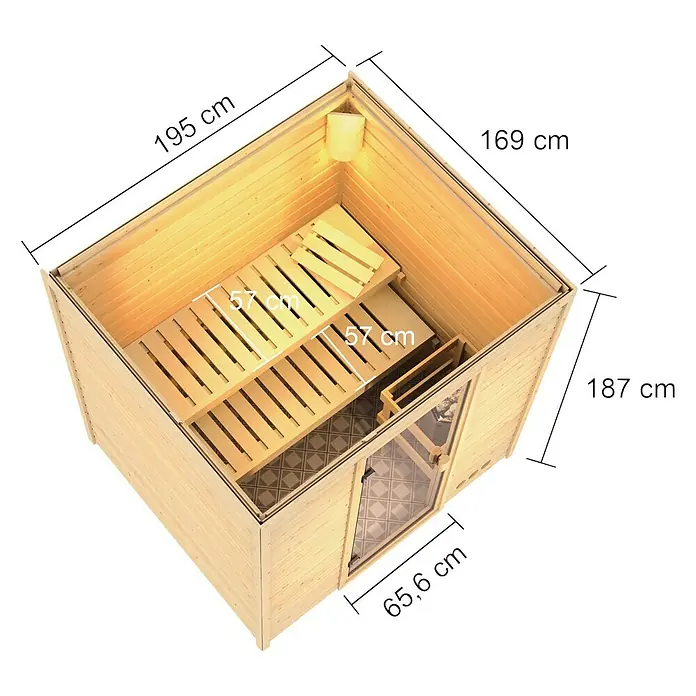 Karibu Massivholzsauna Adelina - Mit 4,5 kW Bio-Ofen mit externer Steuerung, Ohne Dachkranz, Material Tür: Ganzglas Bronze, 169 x 195 x 187 cm - Ansicht von oben