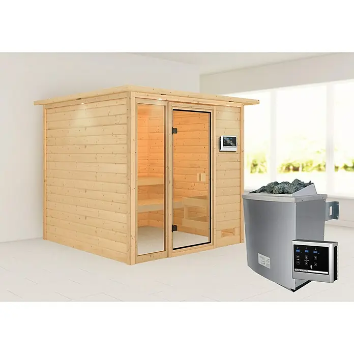Karibu Massivholzsauna Jutta - Mit 9 kW Saunaofen mit externer Steuerung, Mit Dachkranz und Beleuchtung, Material Tür: Ganzglas Bronze, 210 x 224 x 191 cm - Stimmungsaufnahme