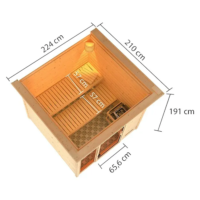 Karibu Massivholzsauna Jutta - Mit 9 kW Bio-Ofen mit externer Steuerung, Mit Dachkranz und Beleuchtung, Material Tür: Ganzglas Bronze, 210 x 224 x 191 cm - Ansicht von oben