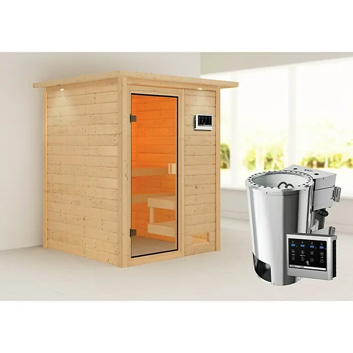 Karibu Massivholzsauna Sandra - Mit 3,6 kW Bio-Ofen mit externer Steuerung, Mit Dachkranz und Beleuchtung, Material Tür: Ganzglas Bronze, 159 x 173 x 191 cm - Stimmungsaufnahme