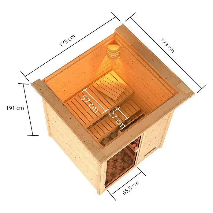 Karibu Massivholzsauna Sandra - Mit 3,6 kW Bio-Ofen mit externer Steuerung, Mit Dachkranz und Beleuchtung, Material Tür: Ganzglas Bronze, 159 x 173 x 191 cm - Ansicht von oben