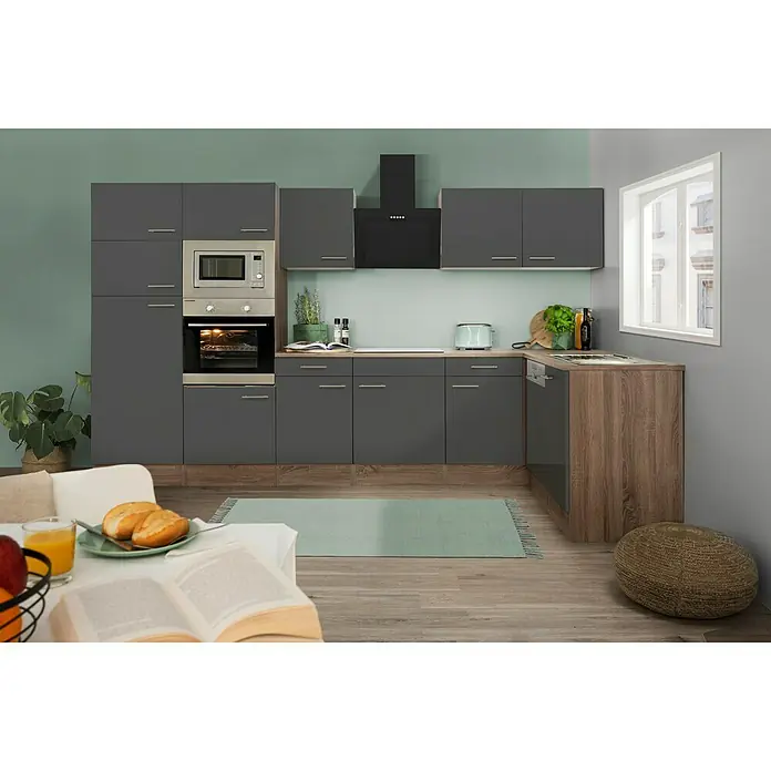 Respekta Winkelküche KBL340EYGMISGKE - 172 x 340 cm, Grau Seidenglanz - Stimmungsaufnahme