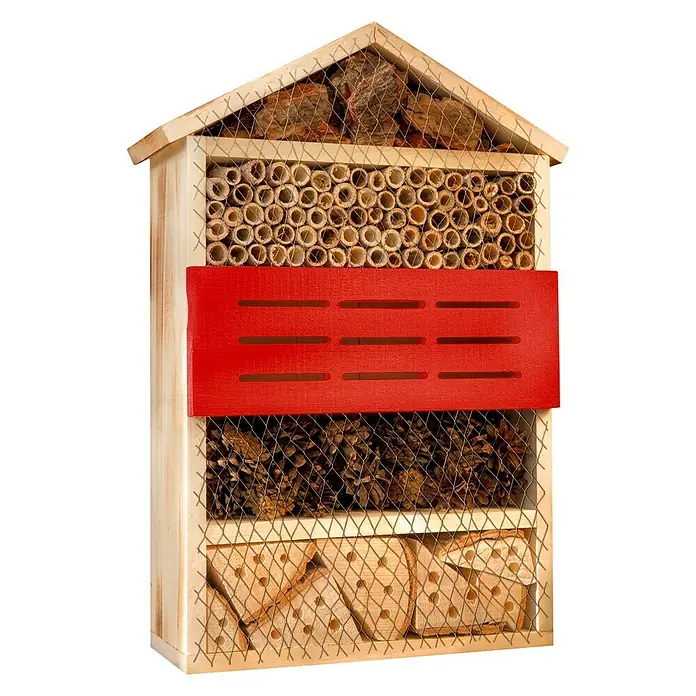 Windhager Insektenhotel - L x B x H: 33,5 x 14 x 49,5 cm, Holz, Naturbraun/Rot, Geflammt - Vorderansicht