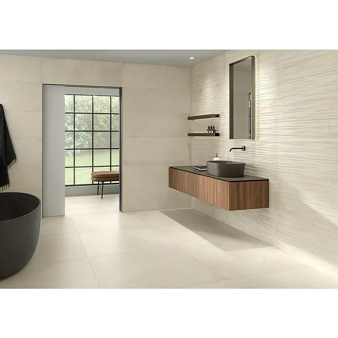 BHS Showroom Pavimento porcelánico Suave Stoneage - 100 x 100 cm, Arena, Rectificado - Foto ambiente