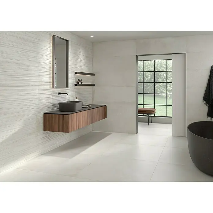 BHS Showroom Pavimento porcelánico Suave Stoneage - 100 x 100 cm, Blanco, Rectificado - Foto ambiente
