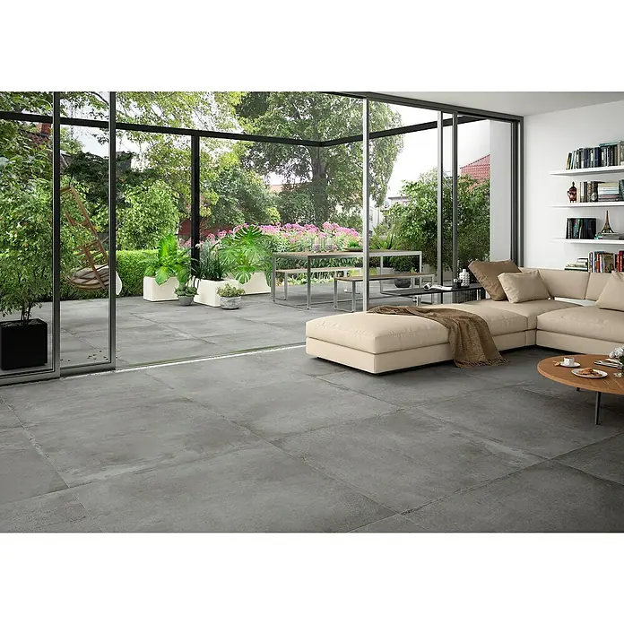 BHS Showroom Pavimento porcelánico Suave Stoneage - 100 x 100 cm, Ceniza, Rectificado - Foto ambiente
