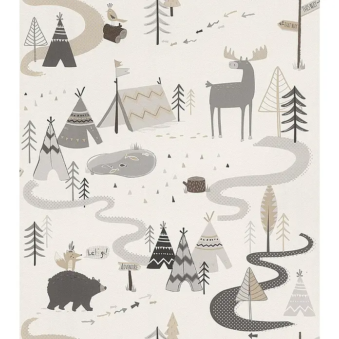 Rasch Kids & Teens III Papiertapete Zelt - Beige/Grau, Motiv, 10,05 x 0,53 m - Vorderansicht