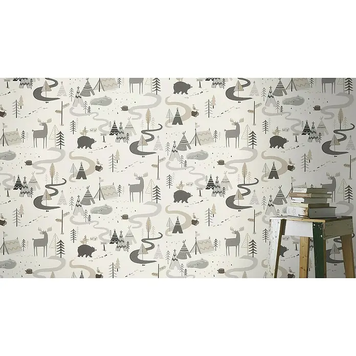Rasch Kids & Teens III Papiertapete Zelt - Beige/Grau, Motiv, 10,05 x 0,53 m - Stimmungsaufnahme