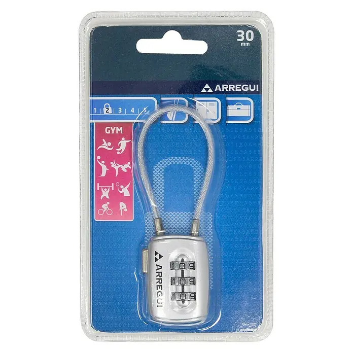 Arregui Candado con combinación A-1313111 - An x L: 28,5 x 12,2 mm, Zinc, Número de dígitos en combinación: 3 ud., Plateado - Vista frontal