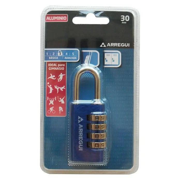 Arregui Candado con combinación A-1313080 - An x L: 30 x 12,3 mm, Aluminio, Número de dígitos en combinación: 4 ud., Azul - Vista frontal