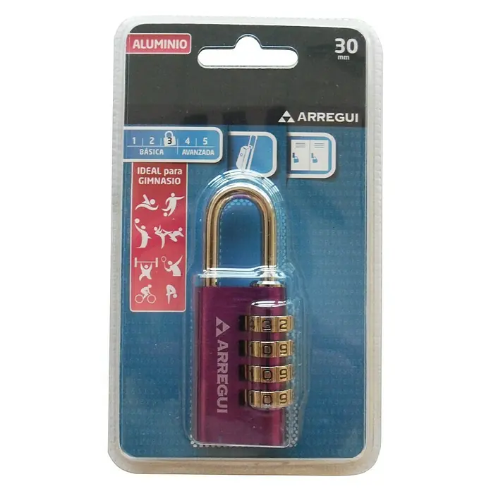 Arregui Candado con combinación A-1313081 - An x L: 30 x 12,3 mm, Aluminio, Número de dígitos en combinación: 4 ud., Lila - Vista frontal