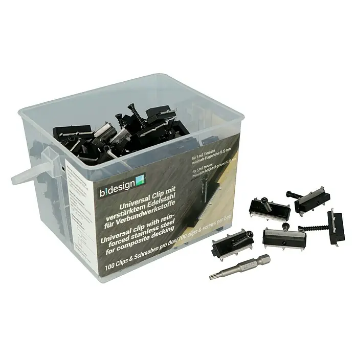 b!design Universal-Terrassen-Clip - 100 Stk., Geeignet für: WPC-Terrassendielen - Diagonale Ansicht