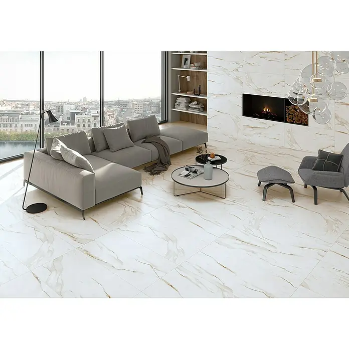 BHS Showroom Pavimento porcelánico Syros - 60 x 120 cm, Oro, Rectificado, Marmolado - Foto ambiente