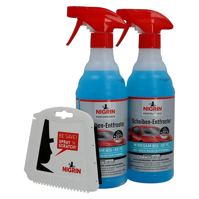 Nigrin Scheibenentfroster im Set - 2 x 600 ml, 1 x Eisschaber, -55 °C - Vorderansicht