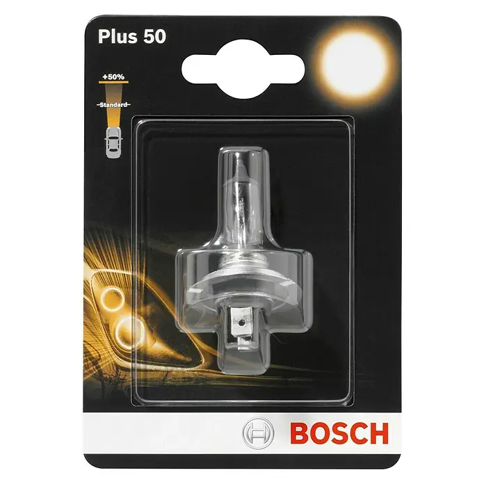 Bosch Halogen-Scheinwerferlampe Plus 50 - H4, 60/55 W, 12 V, 1 Stk. - Vorderansicht