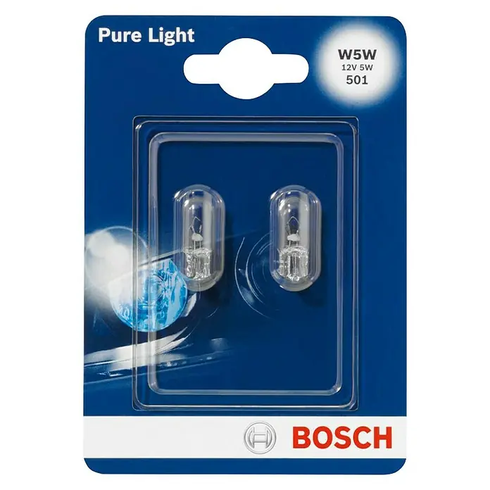 Bosch Glühlampe Pure Light - W5W, 5 W, 12 V, Weiß, 2 Stk. - Vorderansicht