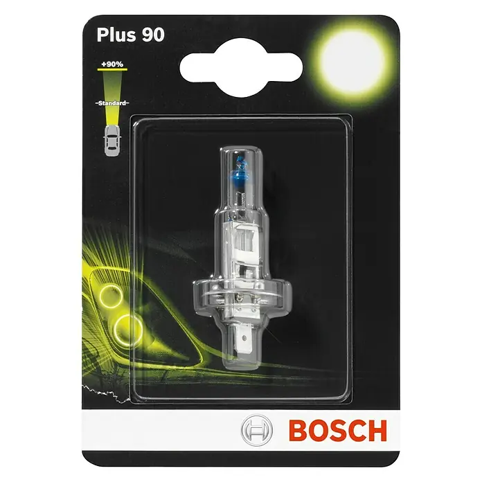 Bosch Halogen-Scheinwerferlampe Plus 90 - H7, 55 W, 12 V, 1 Stk. - Vorderansicht