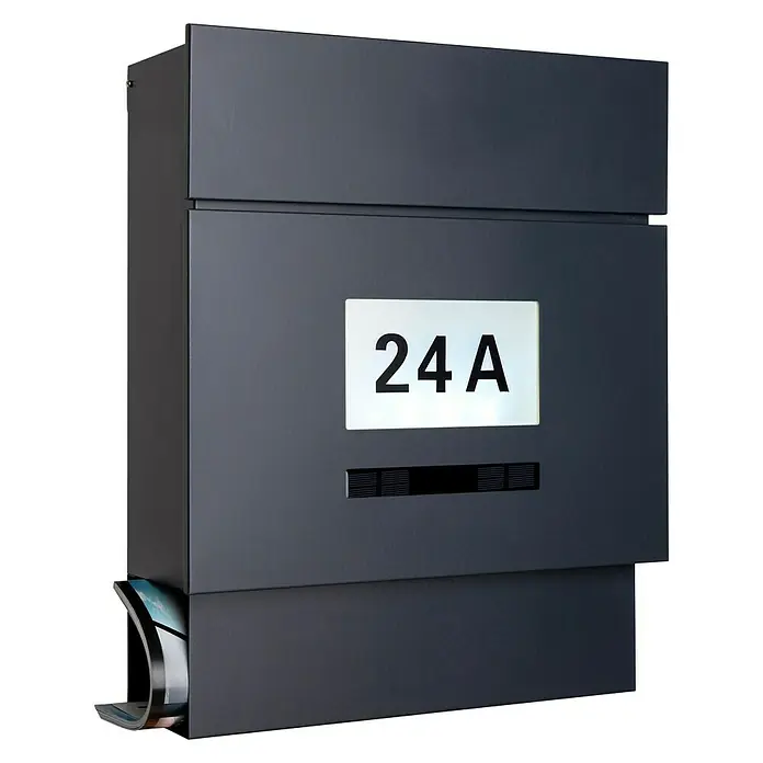 Briefkasten Quintus Solar - L x B x H: 14,5 x 39,5 x 48 cm, Stahl, Mit Zeitungsfach, Farbe: Anthrazitgrau, RAL 7016 - Vorderansicht