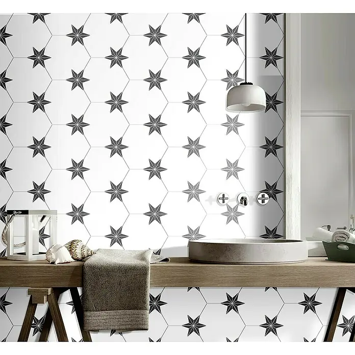 Feinsteinzeugfliese Hexagon Stella Nero - 22 x 25 cm, Weiß/Schwarz, Matt - Stimmungsaufnahme