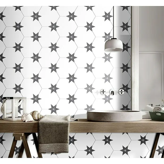 Feinsteinzeugfliese Hexagon Stella Nero - 22 x 25 cm, Weiß/Schwarz, Matt - Stimmungsaufnahme