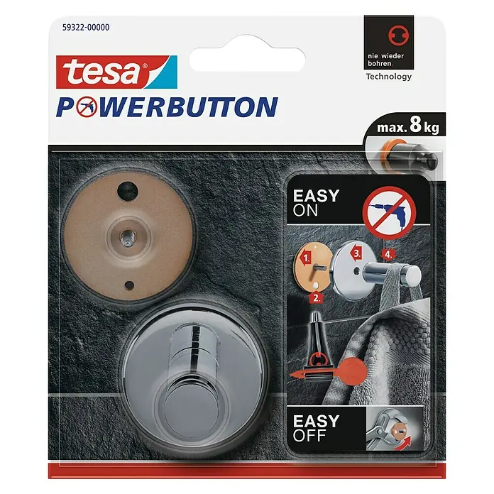 Tesa Powerbutton Wandhaken - Größe: Groß, Rund, Selbstklebend - Vorderansicht