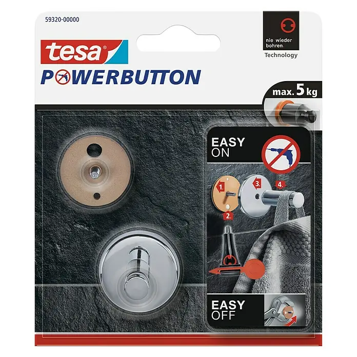 Tesa Powerbutton Wandhaken - Größe: Klein, Rund, Selbstklebend - Vorderansicht
