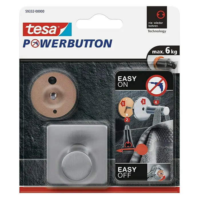 Tesa Powerbutton Wandhaken Classic - Rechteckig, Selbstklebend - Vorderansicht