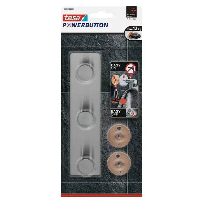 Tesa Powerbutton Hakenleiste Classic - Rechteckig, Edelstahl, Selbstklebend - Vorderansicht