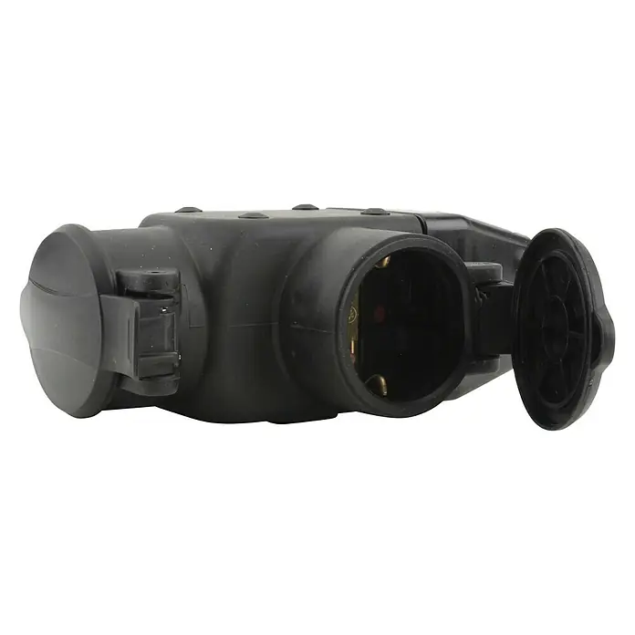 UniTEC Gummi-3-Wege-Kupplung - Klappdeckel, IP44, 250 V, 16 A - Diagonale Ansicht