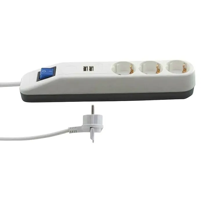 REV Produžni kabel s utičnicama - 3-struko, Bijelo-sive boje, Dužina kabela: 1,4 m, 2 USB priključka - Pogled odozgo