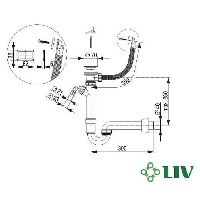 LIV Sifon za sudoper s preljevom - Promjer odvoda: 52 mm, Polipropilen