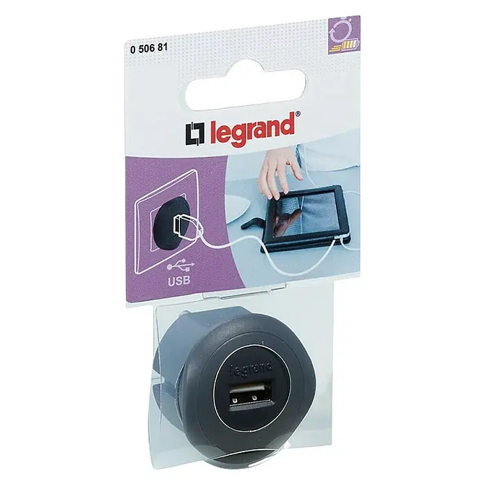 Legrand Adaptador USB - 4 x 7 x 12 cm, Negro - Vista angular
