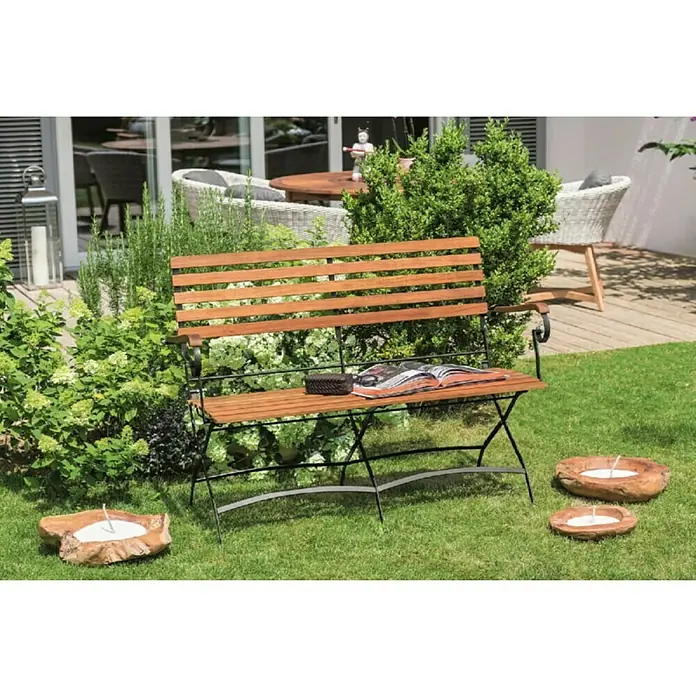 Sunfun Moni Sklopiva klupa - Duljina: 120 cm, Drvo akacije, Prirodno smeđe boje, Crne boje - Živopisni prikaz